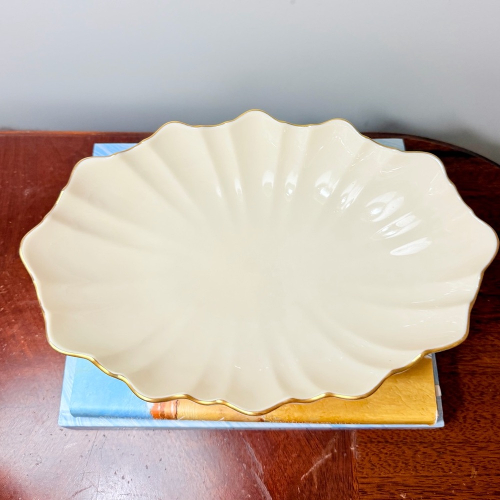 Vintage Lenox Ivory Pedestal Bowl with Gold Trim | Scalloped Mid-Century Serving - Picture 3 of 7